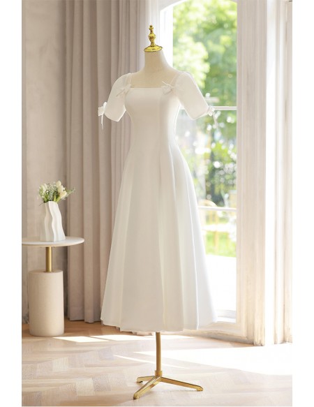 Vintage Style Satin Tea Length Wedding Dress with Square Neck Sleeves