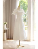 Vintage Style Satin Tea Length Wedding Dress with Square Neck Sleeves