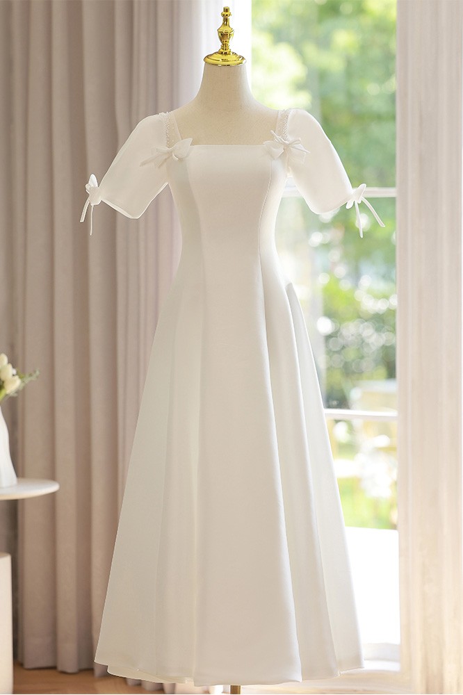 Vintage Keyhole Neck Satin Classic Puffy Tea Length Wedding Gown