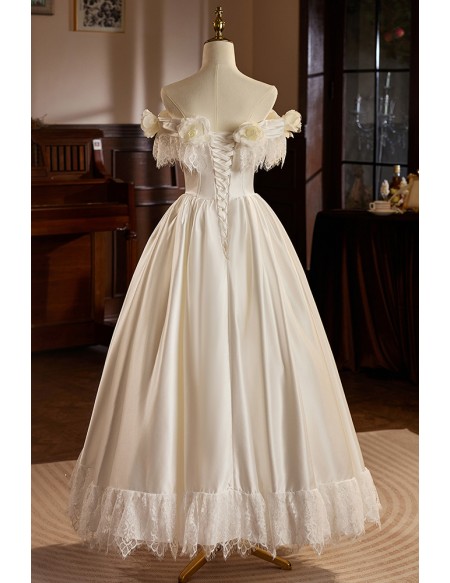 Vintage Inspired Lace Satin Ballgown Wedding Dress Off Shoulder