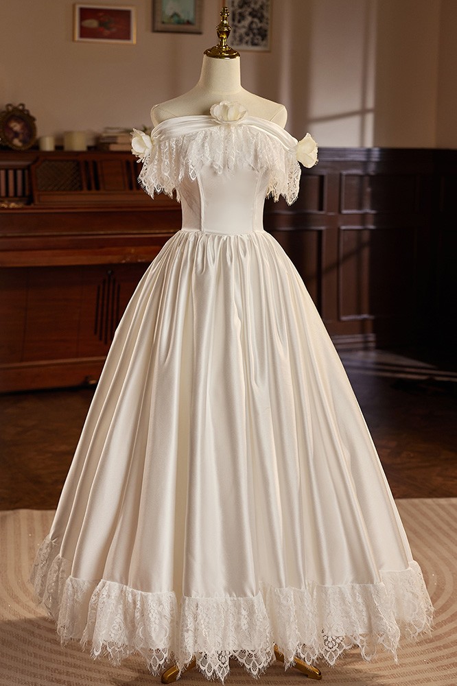 Vintage Satin High Collar Natural Waistline Ball Gown Wedding Dress