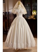 Vintage Inspired Lace Satin Ballgown Wedding Dress Off Shoulder