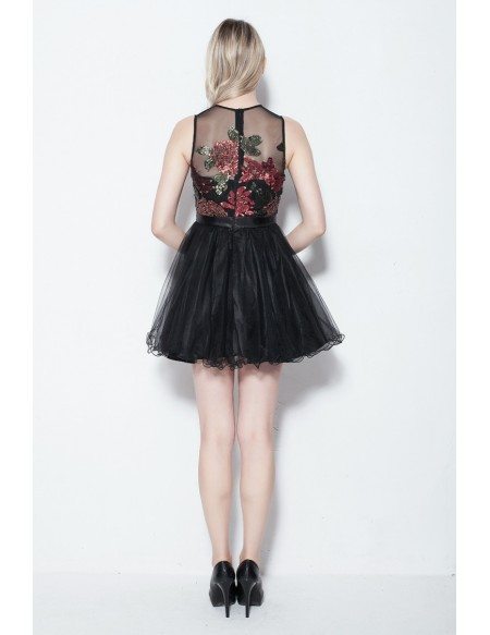 Sequin Embroidered Black Tulle Cocktail Dresses