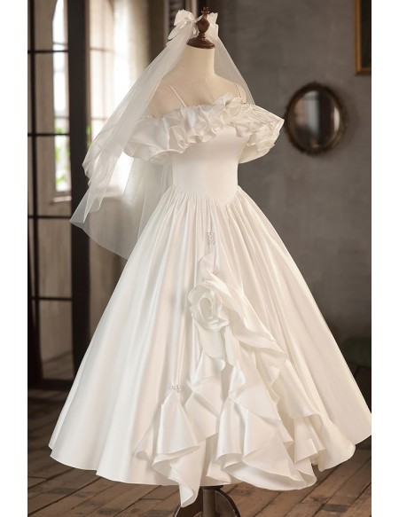Gorgeous Off Shoulder Ruffled Tea Length Wedding Dress with Spaghetti Straps