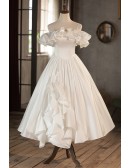 Gorgeous Off Shoulder Ruffled Tea Length Wedding Dress with Spaghetti Straps