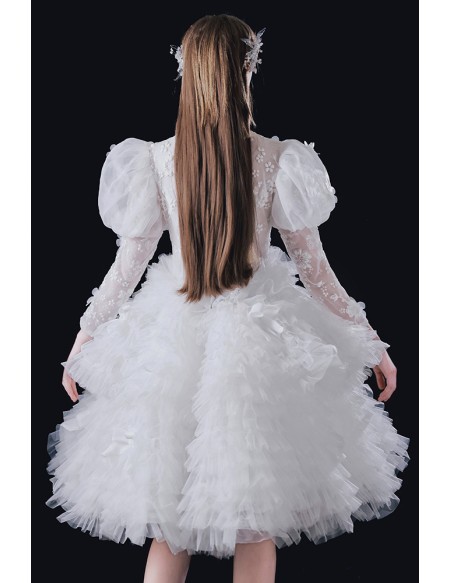 Vogue Puffy Ruffled Tulle Knee Length Wedding Dress with Bubble Sleeves