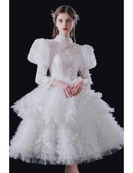 Vogue Puffy Ruffled Tulle Knee Length Wedding Dress with Bubble Sleeves