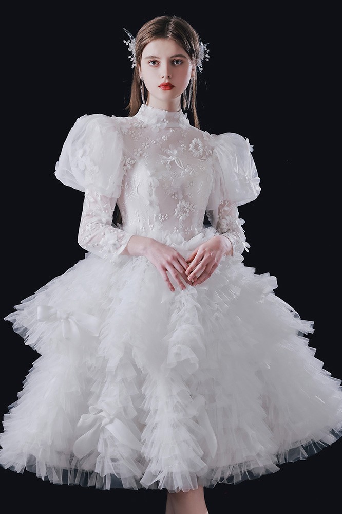 Vogue Puffy Ruffled Tulle Knee Length Wedding Dress with Bubble Sleeves ...