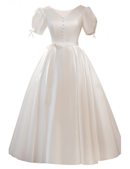 Elegant Vneck Satin Bubble Sleeved Tea Length Wedding Dress with Sash