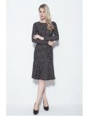 Tea Length Black with White Dotted Modest Dresses with Long Sleeves