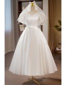 Elegant Vneck Satin Bubble Sleeved Tea Length Wedding Dress with Sash