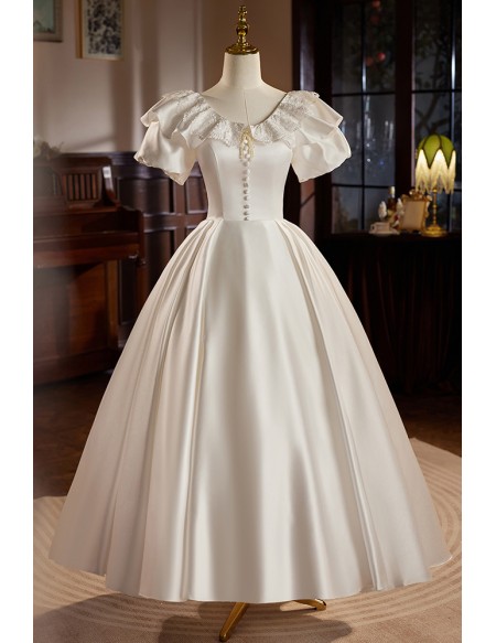 Retro Satin Ballgown Wedding Dress with Lace Neckline