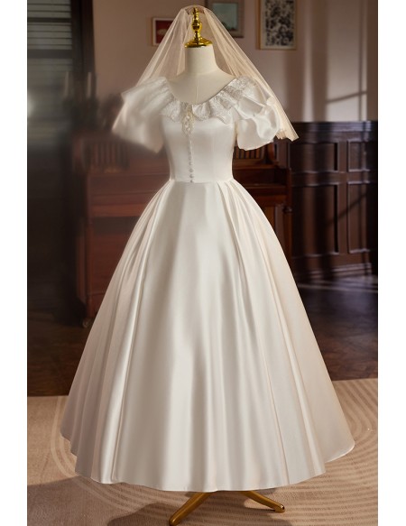 Retro Satin Ballgown Wedding Dress with Lace Neckline
