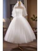 Off Shoulder Puffy Tea Length Tulle Wedding Dress with Beadings