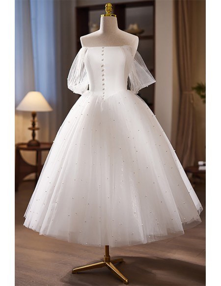 Off Shoulder Puffy Tea Length Tulle Wedding Dress with Beadings