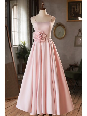 Simple Pink Satin Bridesmaid Dress with Spaghetti Straps
