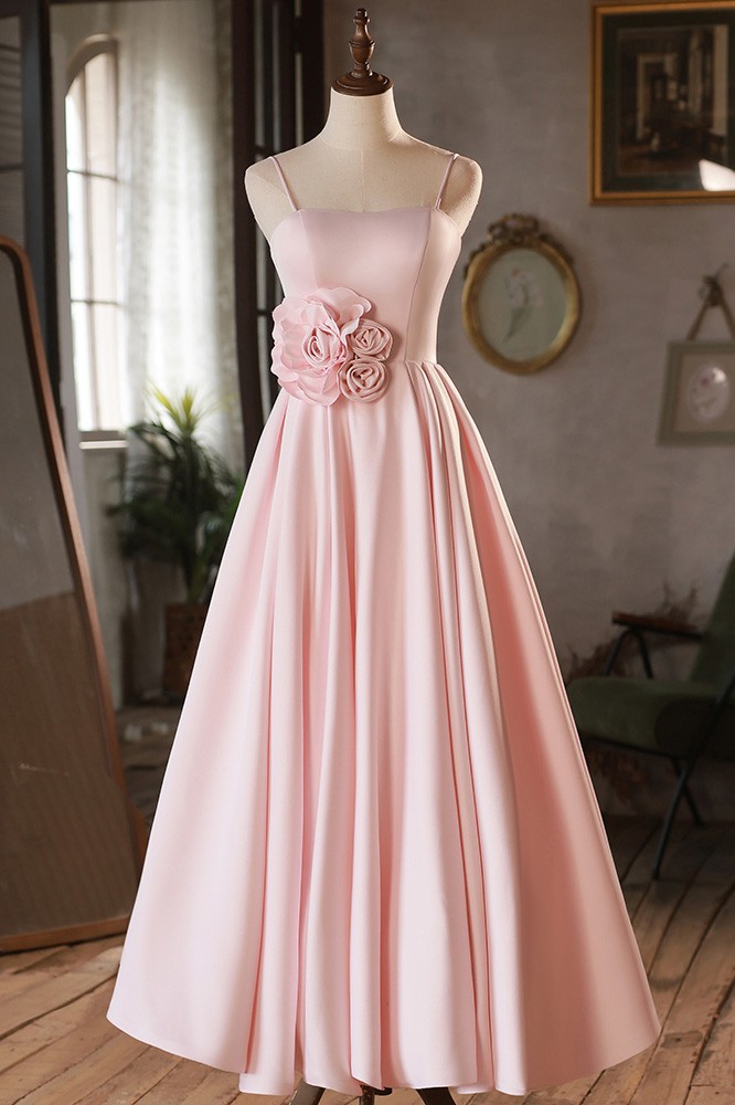 Simple pink satin long prom dress pink bridesmaid dress  C1105