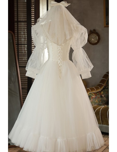 Retro Beaded Pearls Tea Length Tulle Wedding Dress with High Neck Long Sleeves