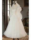 Retro Beaded Pearls Tea Length Tulle Wedding Dress with High Neck Long Sleeves
