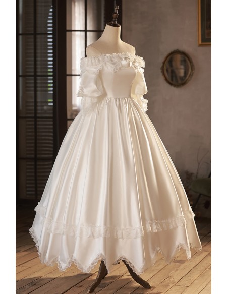 Vintage Style Lace Off Shoulder Satin Wedding Dress with Sleeves