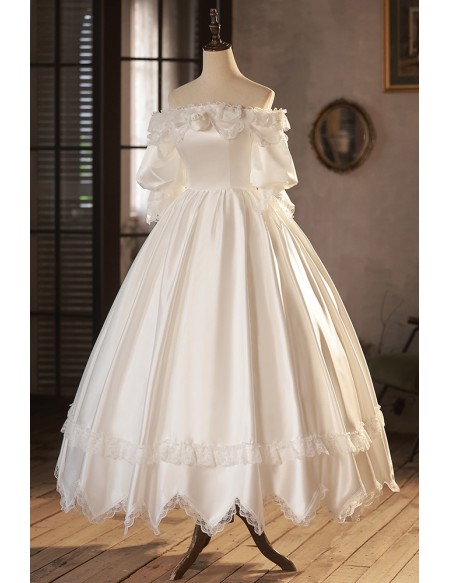 Vintage Style Lace Off Shoulder Satin Wedding Dress with Sleeves