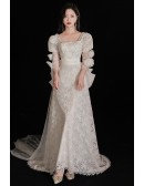 Unique Lace Sleeved Wedding Dress with Pearls Flowers Big Bow In Back
