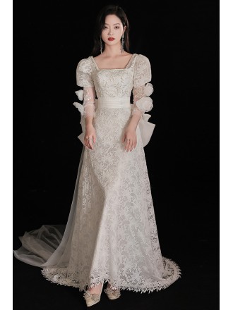 Unique Lace Sleeved Wedding Dress with Pearls Flowers Big Bow In Back