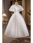 Vintage Inspired Lace Tea Length Wedding Dress with Collar Baby Sleeves