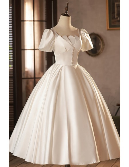 Retro Satin Tea Length Ballgown Wedding Dress with Bubble Sleeves