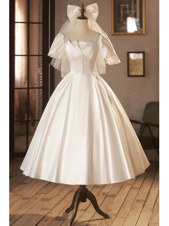Retro Satin Tea Length Ballgown Wedding Dress with Bubble Sleeves