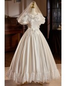 Bubble Sleeved Lace Princess Ballgown Wedding Dress with Bowknots