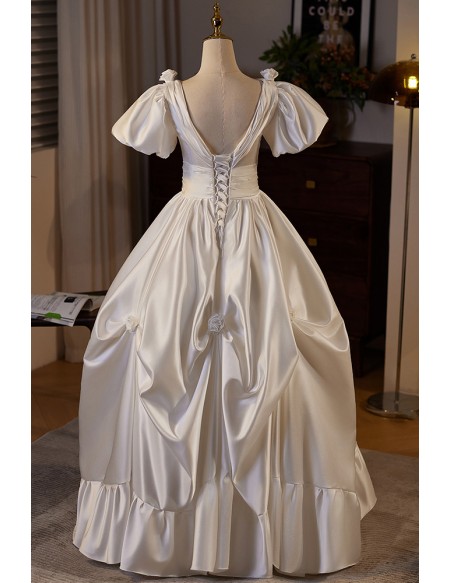 Ruffled Ballgown Satin Vneck Wedding Dress with Bubble Sleeves