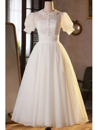 Vintage Style Tea Length Casual Wedding Dress with Baby Collar