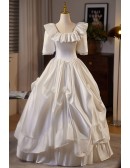 Beaded Ruffled Square Neckline Satin Ballgown Wedding Dress with Lace