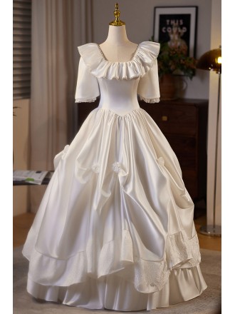 Beaded Ruffled Square Neckline Satin Ballgown Wedding Dress with Lace