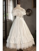 Ivory Satin Lace Tea Length Wedding Dress with Off Shoulder