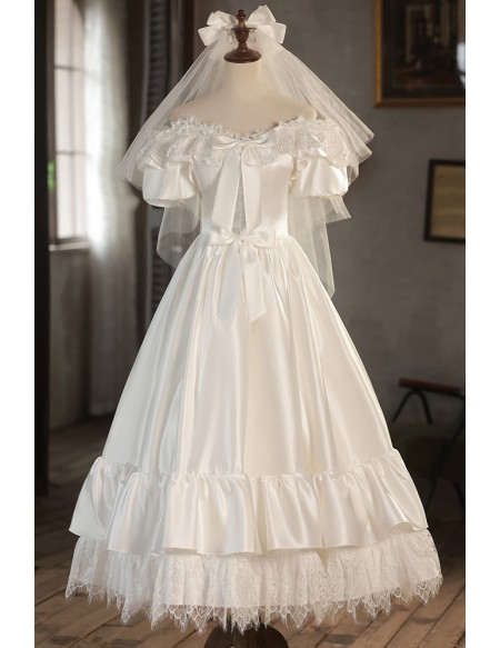 Ivory Satin Lace Tea Length Wedding Dress with Off Shoulder