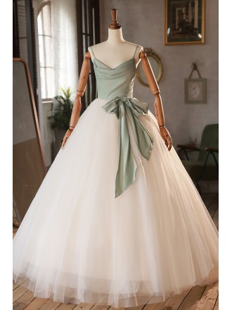 Green And White Satin Tulle Ballgown Formal Dress with Sash
