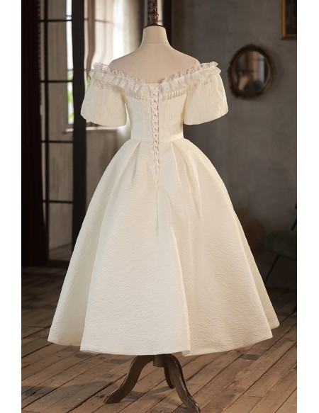 Ivory Off Shoulder Bubble Sleeved Tea Length Wedding Dress