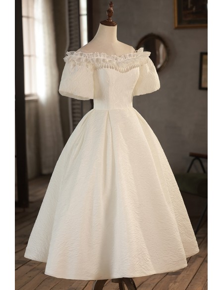 Ivory Off Shoulder Bubble Sleeved Tea Length Wedding Dress