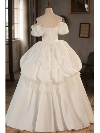 Princess Ballgown Lace Satin Wedding Dress with Pearls Bubble Sleeves