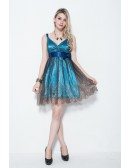 Blue and Black Floral Bronzing Tulle Beaded Dress for Girls