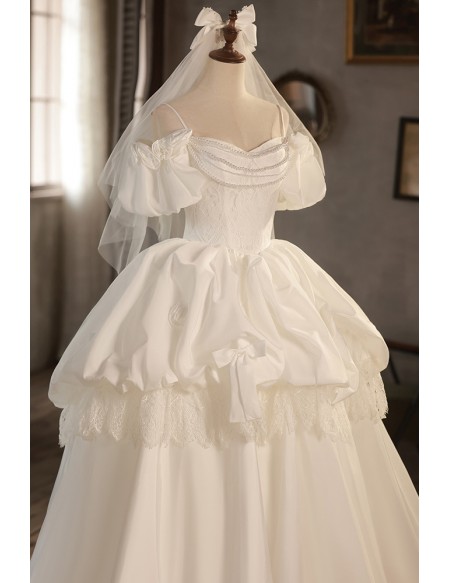 Princess Ballgown Lace Satin Wedding Dress with Pearls Bubble Sleeves ...