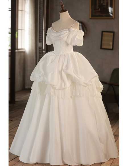 Princess Ballgown Lace Satin Wedding Dress with Pearls Bubble Sleeves