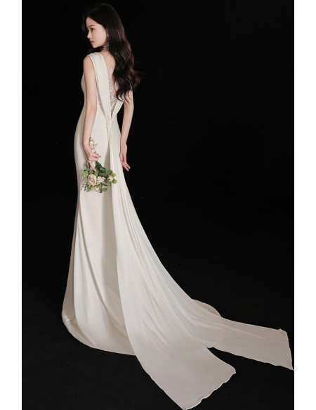 Elegant Sleeveless Mermaid Satin Simple Wedding Dress with Lace Open Back