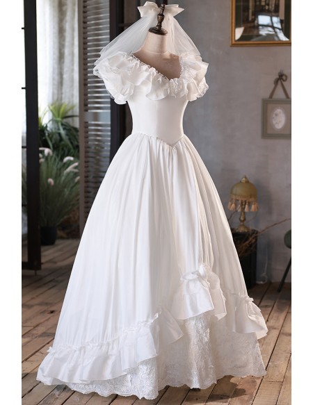 Vintage Princess Style White Satin Lace Ballgown Wedding Dress