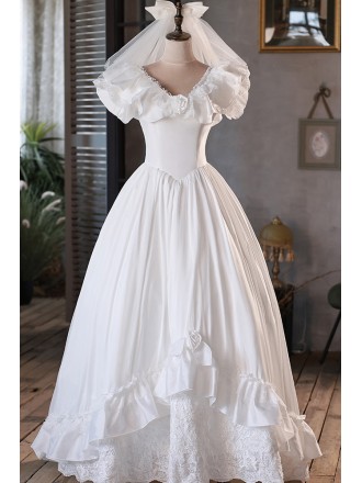 Vintage Princess Style White Satin Lace Ballgown Wedding Dress