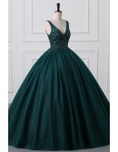 Green Bling Tulle Big Ballgown Prom Dress with Embroidered Sequins