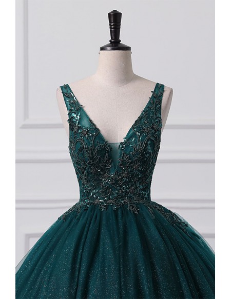 Green Bling Tulle Big Ballgown Prom Dress with Embroidered Sequins