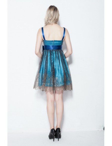Blue and Black Floral Bronzing Tulle Beaded Dress for Girls